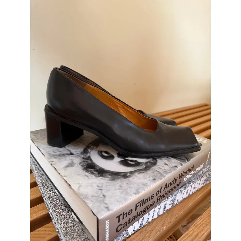 Vintage Audley Black Leather Square Toe Block Heel Pumps Size 38